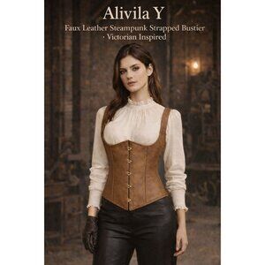 Alivila Y Faux Leather Steampunk Underbust Corset Victorian Bustier Top Sz XL